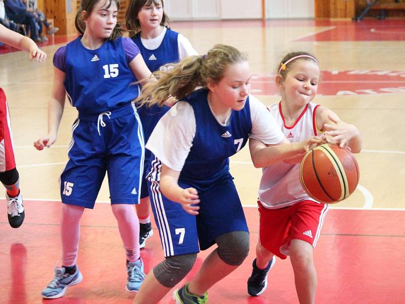 Nejmladší minižákyně U11 - kvalifikace o národní finále: BK Klatovy (bílé dresy) - BK Lokomotiva Karlovy Vary 58:14