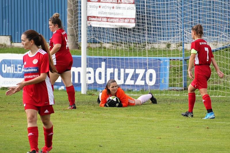 SK Klatovy 1898 (na archivním snímku fotbalistky v červených dresech) porazily na podzim Spartak Kaplice (modré dresy) 4:2. A dokázaly uspět i v jarní odvetě na hřišti soupeře.