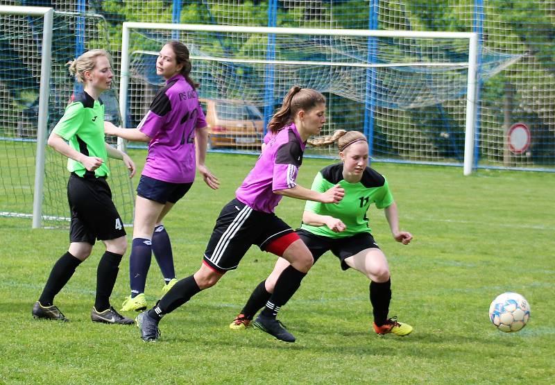 Letní DAFL 2023, 2. kolo: Sokolky Neznašovy (na snímku fotbalistky v zelených dresech) - Devils v Křeči 3:2.