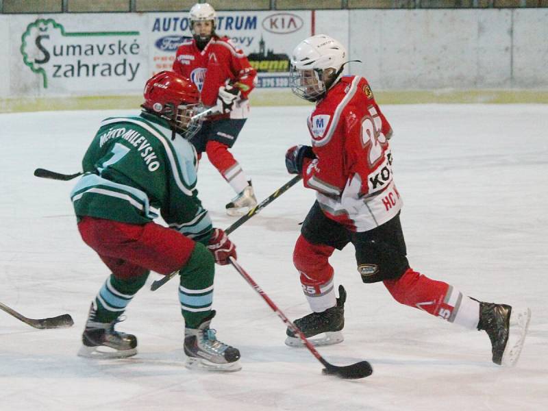 Liga starších žáků: HC Klatovy (v červeném) - HC Milevsko 5:2.