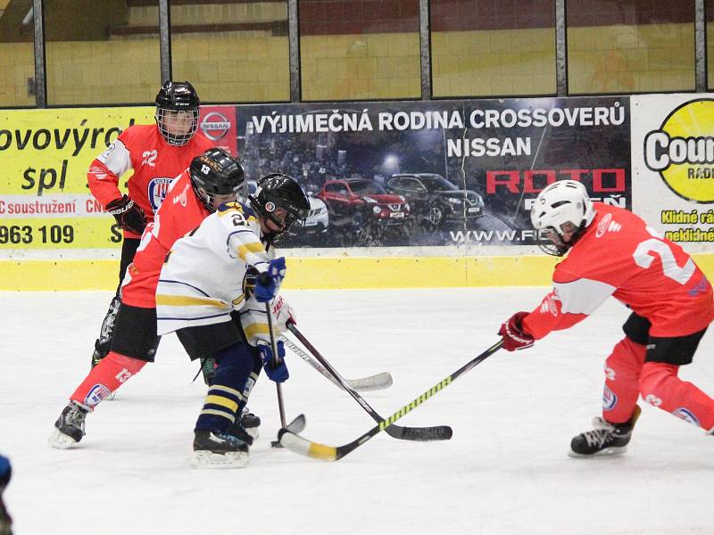 Liga mladších žáků 2017/2018: Klatovy (červené dresy) - Jindřichův Hradec 5:5.