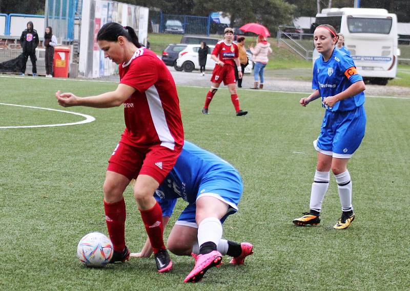 5. kolo České divize žen, skupina C: FC Táborsko – SK Klatovy 1898 (na snímku fotbalistky v červených dresech) 1:0 (1:0).