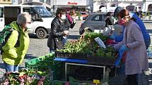 Farmářské trhy na klatovském náměstí lákaly, nakoupit si přišla řada zákazníků.