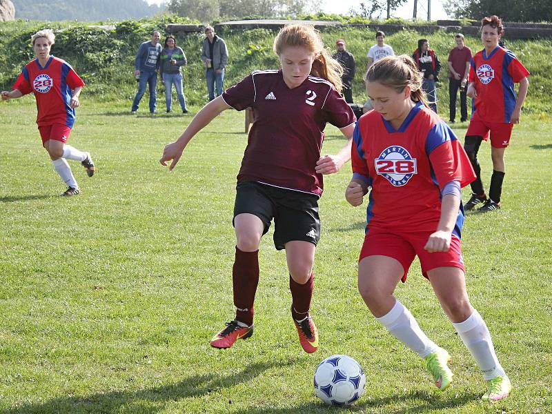 Dívčí amatérská fotbalová liga v malé kopané 2017: Andělky Velký Bor (fialové dresy) - Topovky Blovice 1:2. Foto: Yvetta Chmelová