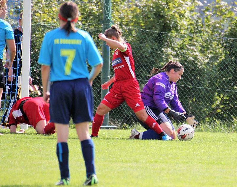 Na podzim fotbalistky SK Klatovy 1898 (červené dresy) porazily Borovany (modré dresy) 7:2. A uspěly i v nedělní odvetě, tentokrát 9:1.