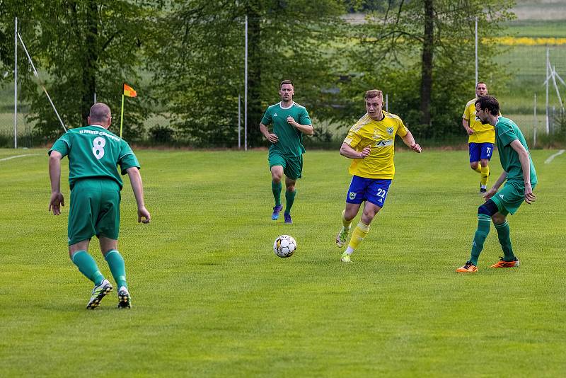 I. B třída, skupina B, 23. kolo: TJ Měcholupy (na snímku fotbalisté ve žlutých dresech) - TJ Pfeifer Chanovice (zelení) 1:3.