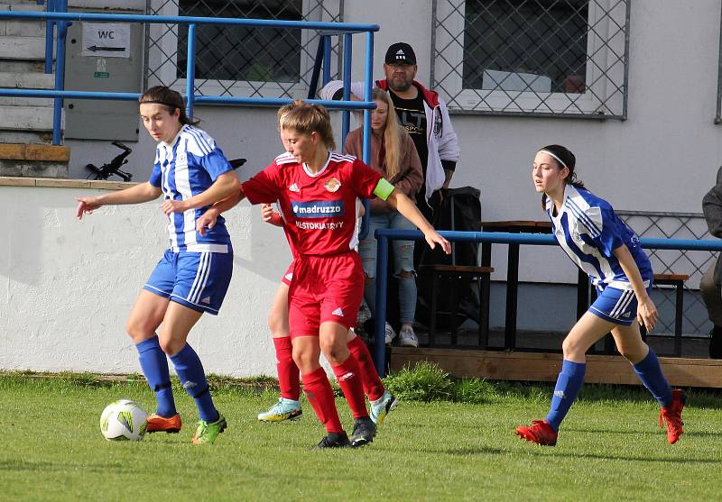 9. kolo divize žen, skupina C: SK Klatovy 1898 (na snímku fotbalistky v červených dresech) - TJ Jiskra Domažlice 1:1 (1:0).