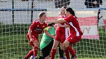 9. kolo divize žen, skupina C: SK Klatovy 1898 (na snímku fotbalistky v červených dresech) - TJ Jiskra Domažlice 1:1 (1:0)