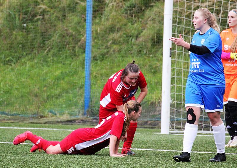 5. kolo České divize žen, skupina C: FC Táborsko – SK Klatovy 1898 (na snímku fotbalistky v červených dresech) 1:0 (1:0).