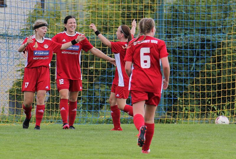 Na podzim fotbalistky SK Klatovy 1898 (červené dresy) porazily Borovany (modré dresy) 7:2. A uspěly i v nedělní odvetě, tentokrát 9:1.