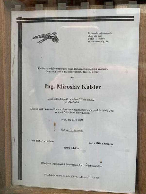 Smuteční oznámení: Ing. Miroslav Kaisler.