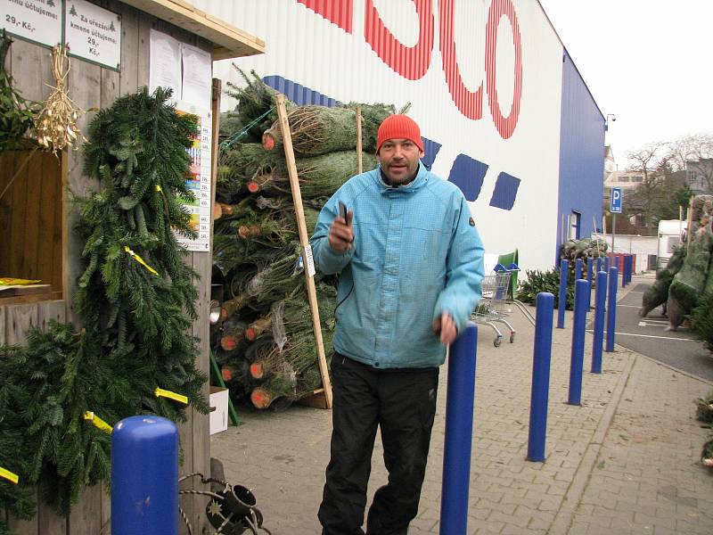 Prodej vánočních stromků a jmelí u hypermarketu Tesco v Kolíně.