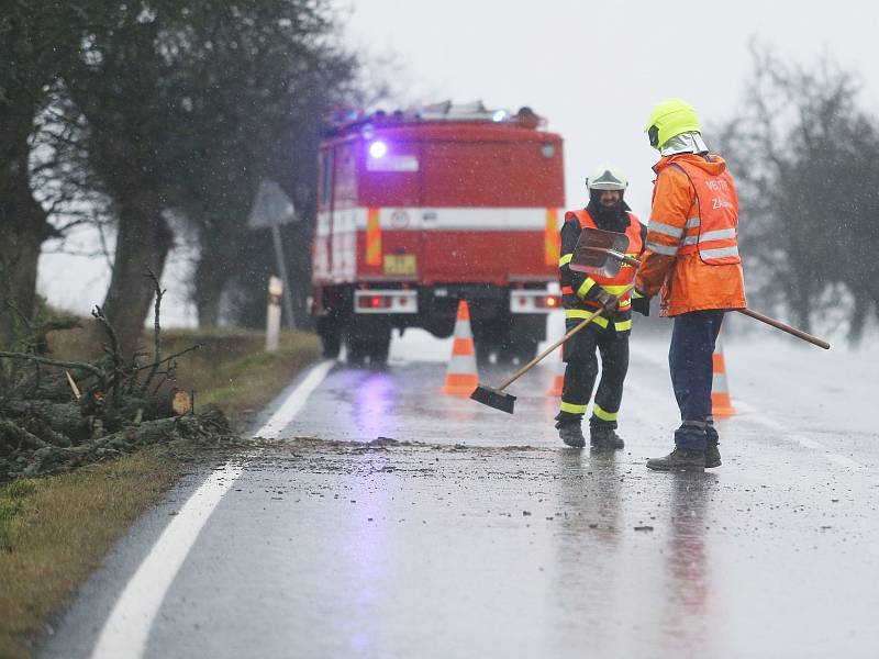 Hasiči odklízeli popadané větvě v Červeném Hrádku v pondělí 10. února 2020 ráno.