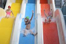 Z hodiny plavání dětí z Masarykovy základní školy ve Velkém Oseku v aquaparku Vodní svět v Kolíně.
