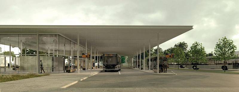 Návrh pražské společnosti Blank architekti, který byl zařazen do 1. kola architektonické soutěže na revitalizaci autobusového nádraží ve Dvoře Králové nad Labem.