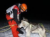 Šestnáct posádek psích spřežení, v závěsu s běžkařem, vyrazilo na noční etapu Ledové jízdy z Pece pod Sněžkou od sjezdovky Javor a končilo na Hanapetrově pasece v Dolním Dvoře.