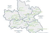 Mapa obcí v Královéhradeckém kraji, které na dotaci dosáhly.