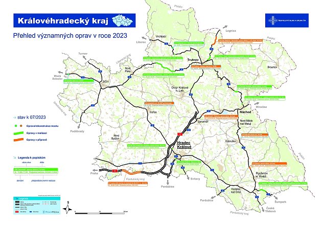 Aktualizovaná mapa oprav ŘSD v Královéhradeckém kraji pro letošní rok.