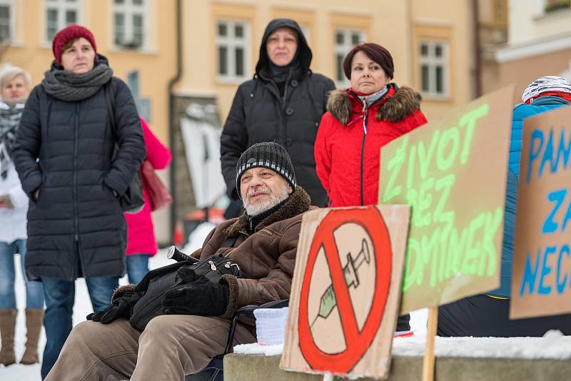 Demonstrace odpůrců protipandemických opatření v Trutnově na Krakonošově náměstí v neděli 23. ledna.