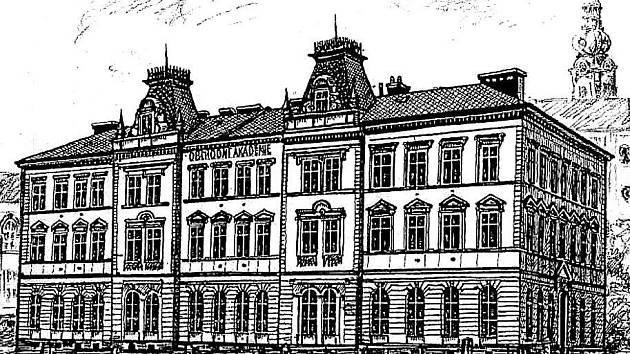 BUDOVA AKADEMIE z roku 1909. Na dochovanou historickou perokresbu naváže nový architektonický výraz.