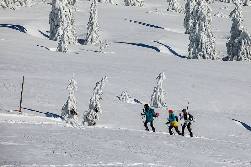 Slunečný víkend přilákal na hřebeny Krkonoš tisíce turistů, do terénu vyrazila řada skialpinistů.