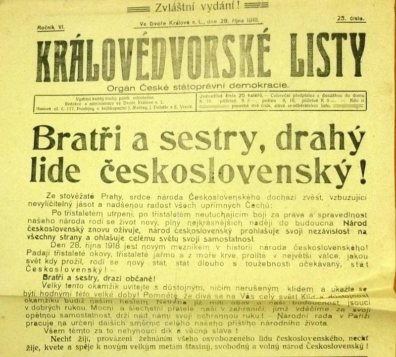 Noviny před sto lety. Zvláštní vydání Královédvorských listů z 29. října 1918.