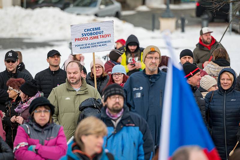 Demonstrace odpůrců protipandemických opatření v Trutnově na Krakonošově náměstí v neděli 23. ledna.