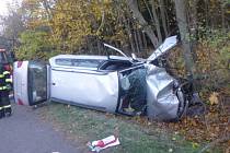 Při páteční nehodě u Trutnova vážně havaroval vůz Peugeot, když narazil do stromu.