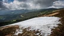 Strážci KRNAPu měřili výšku sněhové pokrývky na úbočí Studniční hory zvaném Mapa republiky. Novinkou se stalo měření pomocí dronu.
