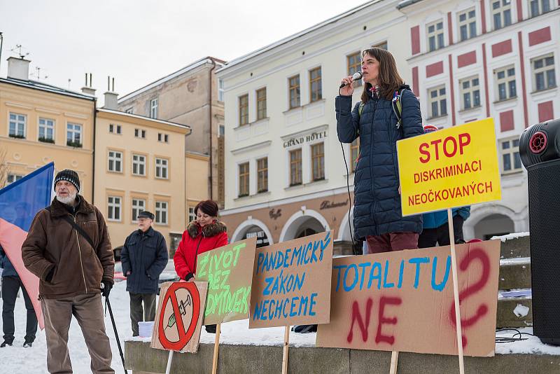 Demonstrace odpůrců protipandemických opatření v Trutnově na Krakonošově náměstí v neděli 23. ledna.