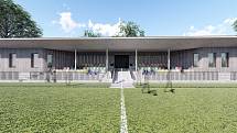 Vizualizace nového zázemí fotbalového stadionu TJ Baník Žacléř, který letos slaví 100 let.