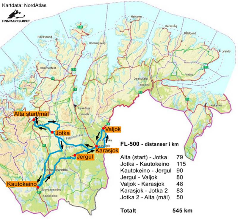 Trať Finnmarksløpetu v Norsku na 545 kilometrů.