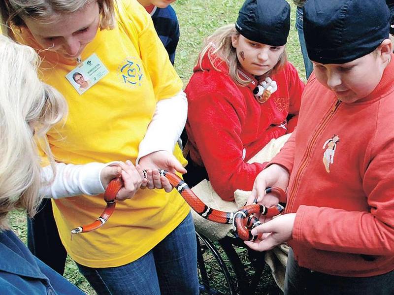 PACIENTI Z MOTOLSKÉ NEMOCNICE měli možnost se zblízka seznámit s některými zvířaty královédvorské zoo, například s korálovkou nebo agamou límcovou.