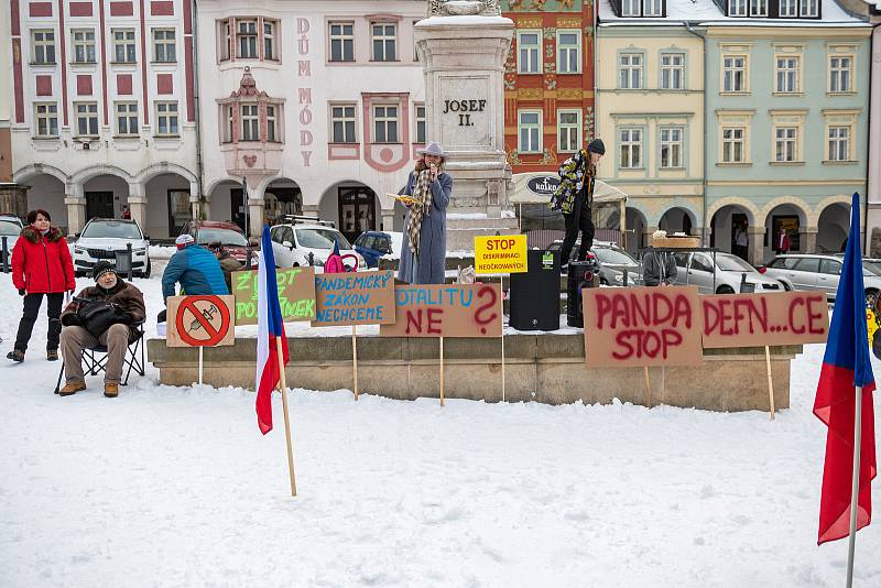 Demonstrace odpůrců protipandemických opatření v Trutnově na Krakonošově náměstí v neděli 23. ledna.