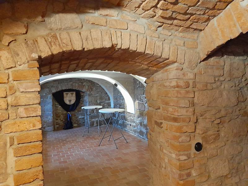 Suterén, dřívější chlév historické roubenky, byl upraven do podoby sklepní vinárny. Obec pro něj hledá využití.