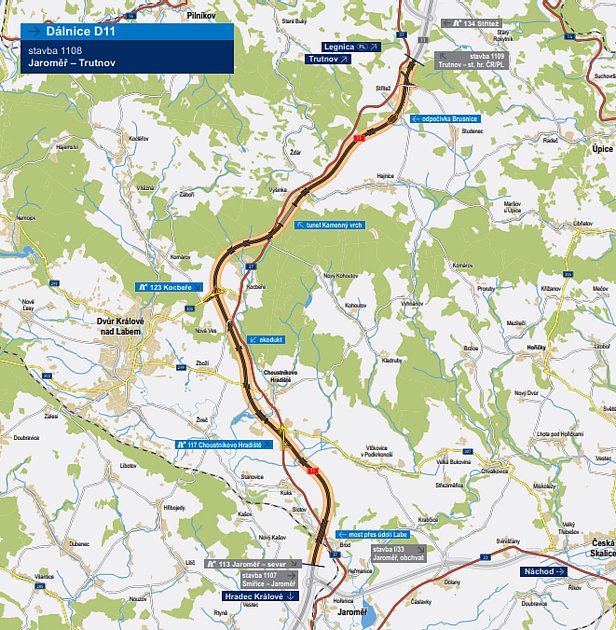 Mapka budoucí trasy D11 Jaroměř - Trutnov.