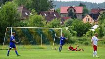 Fotbalisté Dvora Králové nad Labem B (v modrém) vyhráli na hřišti Jiskry Kocbeře 2:0.