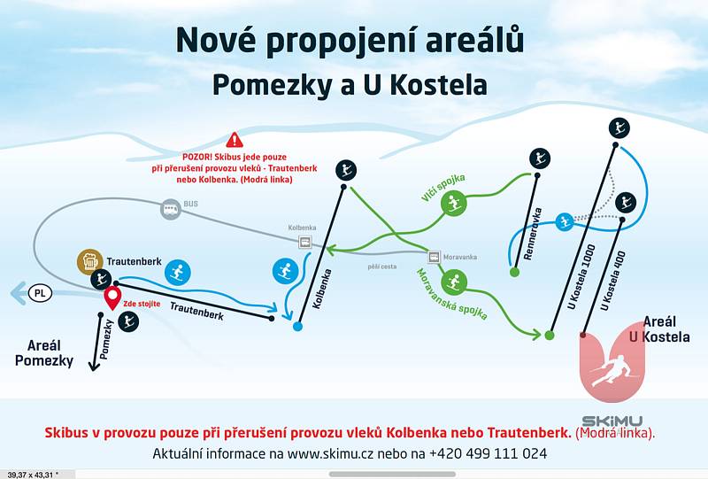 Mapka propojení areálů v lyžařském středisku Malá Úpa.