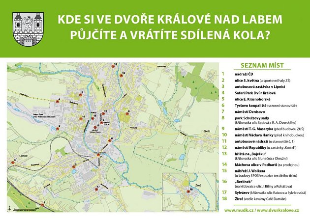 Mapka míst, kde si lidé můžou půjčit ve Dvoře Králové nad Labem sdílená kola.