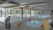 Takhle má vypadat podle vizualizace krytý bazén ve Vrchlabí. Jeho součástí budou čtyřdráhový plavecký bazén, cvičný bazén, relaxační bazén, vnitřní i venkovní vířivky, šedesátimetrový tobogán, skluzavky nebo parní kabiny.
