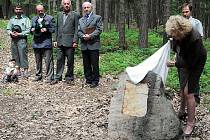 Starostka Edita Vaňková odhaluje pamětní kámen u nového "školního" lesa ve Dvoře Králové