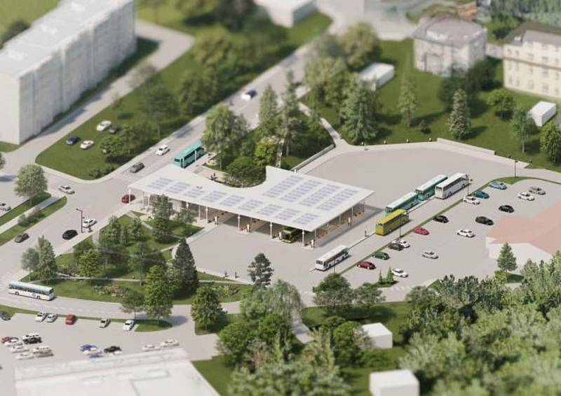 Návrh pražské společnosti ABMV world, který byl zařazen do 2. kola architektonické soutěže na revitalizaci autobusového nádraží ve Dvoře Králové nad Labem.