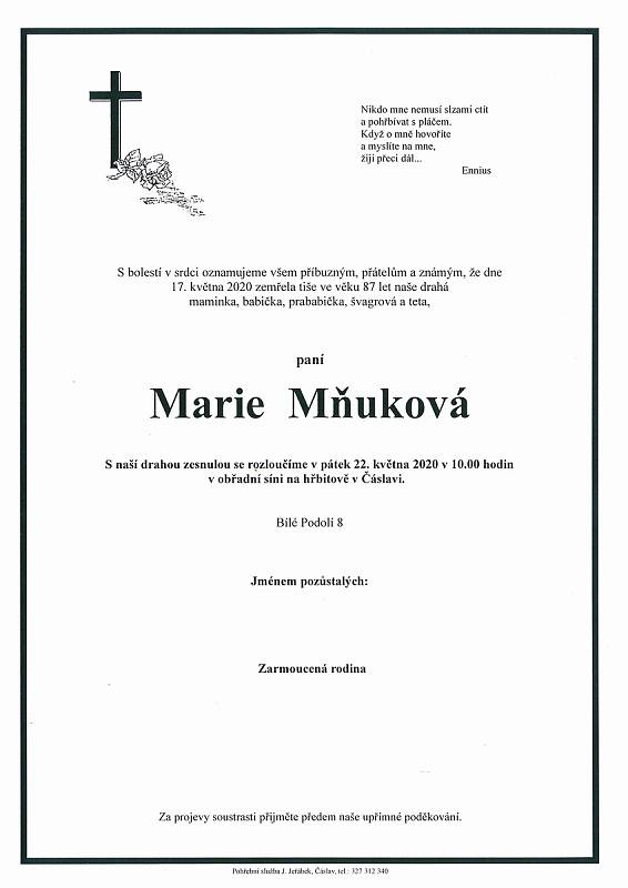Smuteční parte: Marie Mňuková.