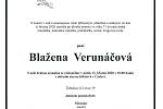 Smuteční parte: Blažena Verunáčová.