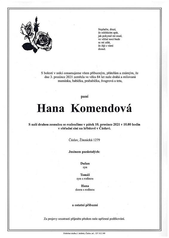 Smuteční oznámení: Hana Komendová.