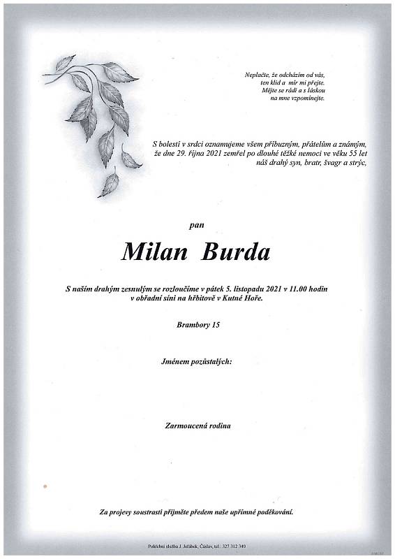 Smuteční oznámení: Milan Burda.