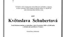 Smuteční parte: Květoslava Schubertová.