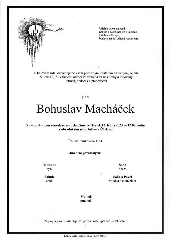 Smuteční oznámení: Bohuslav Macháček.