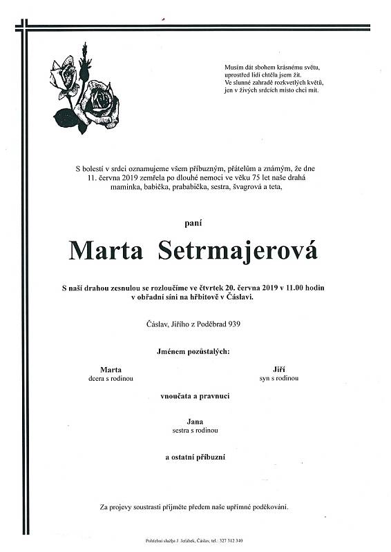 Smuteční parte: Marta Setrmajerová.