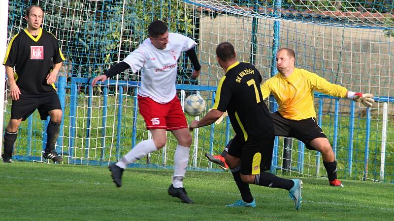 Fotbalová IV. třída, skupina B: TJ Sokol Malín B - SK Malešov B 6:4 (3:2).